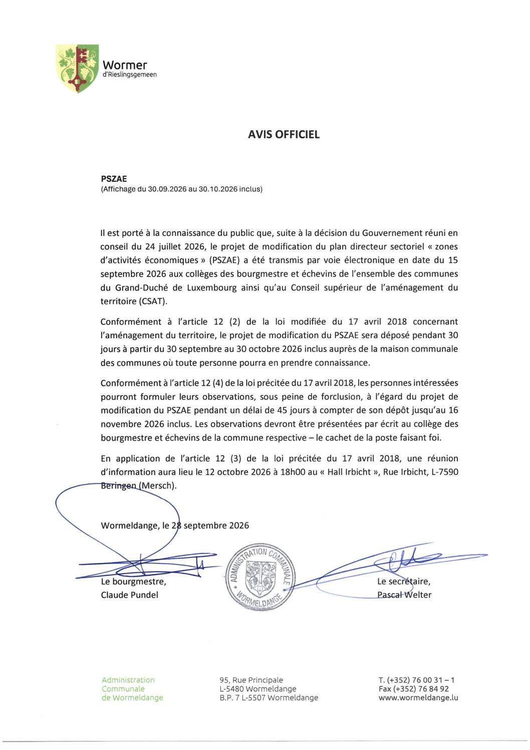 Avis officiel : Projet de modification de plan directeur sectoriel "zones d'activités économiques"