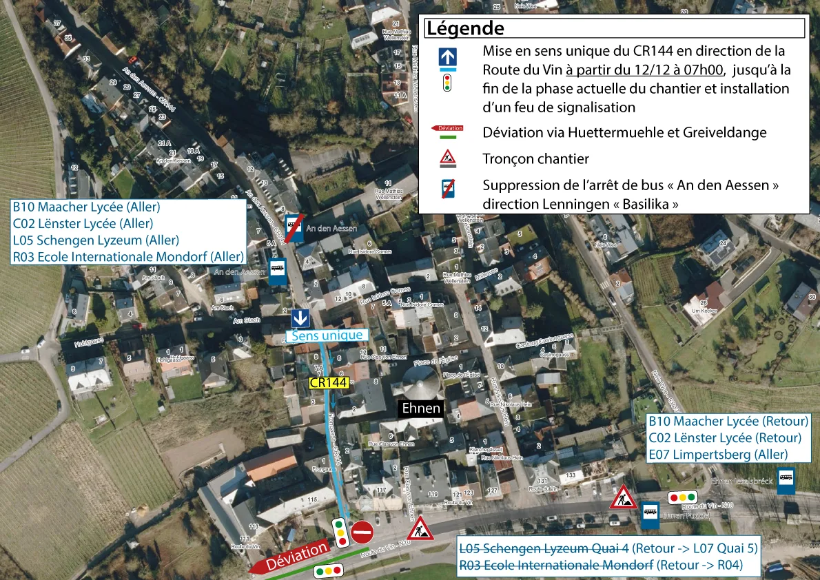 Plan-Sens-Unique_CR144_12.12-fin-----Frongaass-Ehnen plan de situation du sens unique dans la rue frongaass à ehnen à partir du 12 décembre jusqu'à la fin de la phase actuelle du chantier