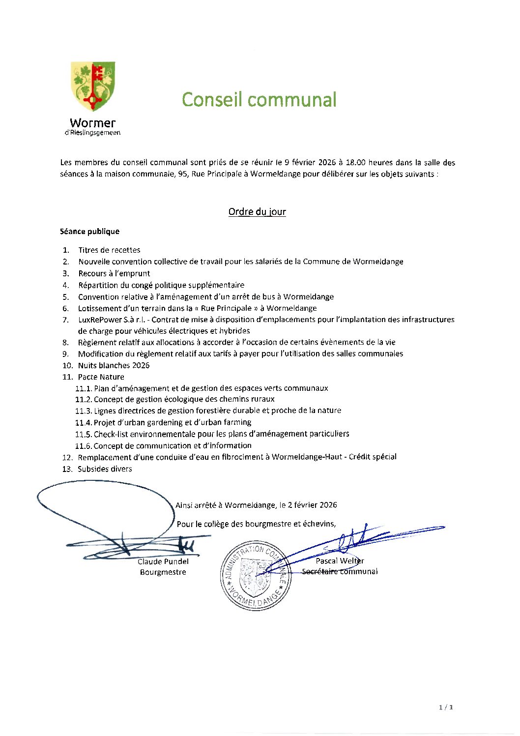 2026-02-09 - Ordre du jour