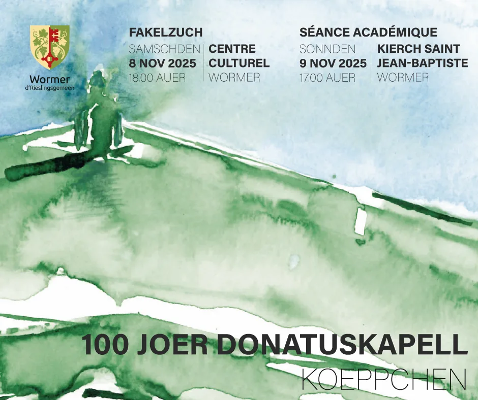 Flyer avec aquarelle Koeppchen pour le 8 novembre 18h00 (marche aux flambeaux) et le 9 novembre 17h00 (séance académique)