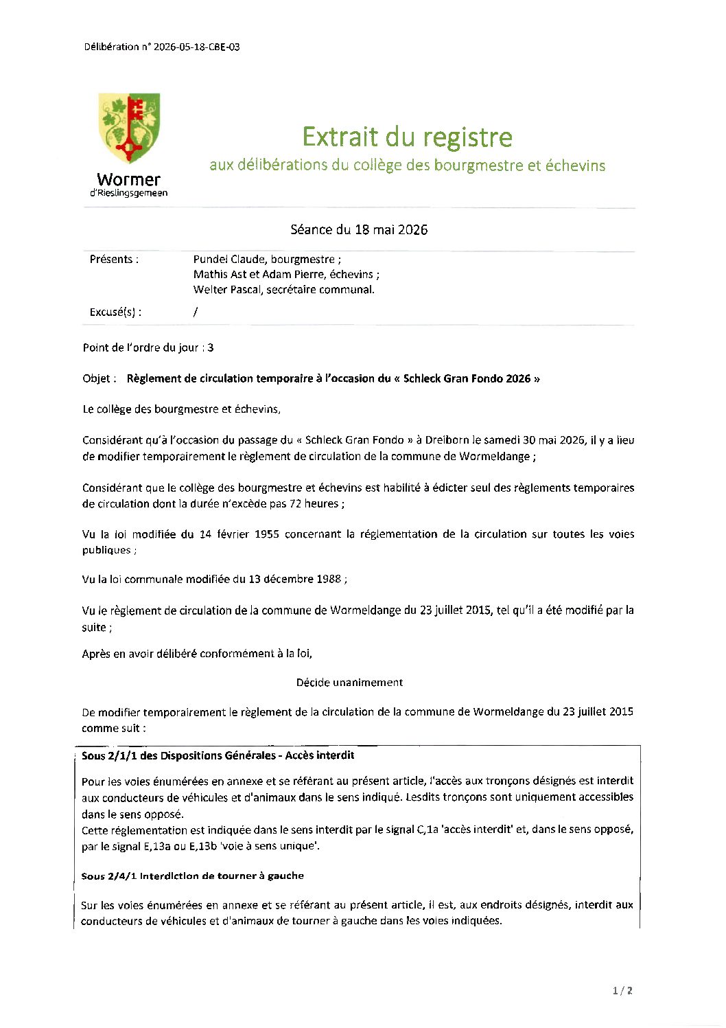 2026-05-18-CBE-03 - Règlement de circulation temporaire à l’occasion du « Schleck Gran Fondo 2026 » (Extrait)