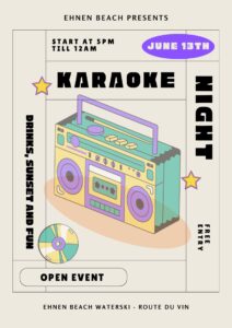 Flyer rétro pour une soirée karaoké avec un ancien lecteur de cassettes en illustration. Le flyer annonce une “Karaoke Night” le 13 juin 2026 à 17h00 - 00h00 au Ehnen Beach.