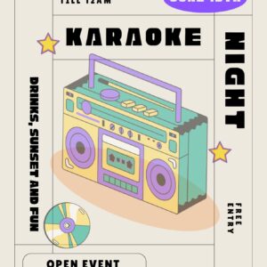 Flyer rétro pour une soirée karaoké avec un ancien lecteur de cassettes en illustration. Le flyer annonce une “Karaoke Night” le 13 juin 2026 à 17h00 - 00h00 au Ehnen Beach.