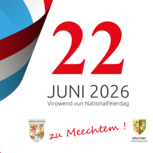 Visuel de la fête nationale du 22 juin à Machtum avec drapeau luxembourgeois et logos de la Commune et Entente Meechtem