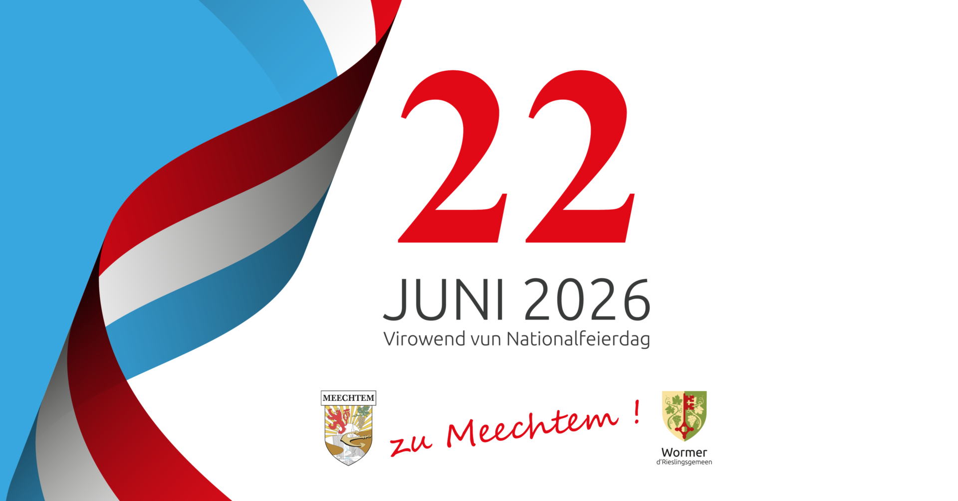 Visuel de la fête nationale du 22 juin à Machtum avec drapeau luxembourgeois et logos de la Commune et Entente Meechtem